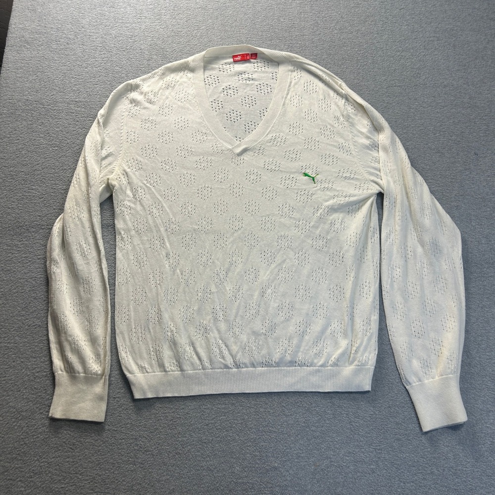 Puma Golf Sweater Mens XL White Textured Knit V Neck Pullover Classic Soft Knit